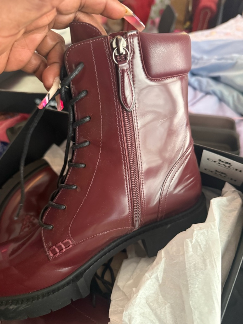 Coach Woman’s Lace-Up Boots in Burgundy Patent Leather - Picture 4 of 7